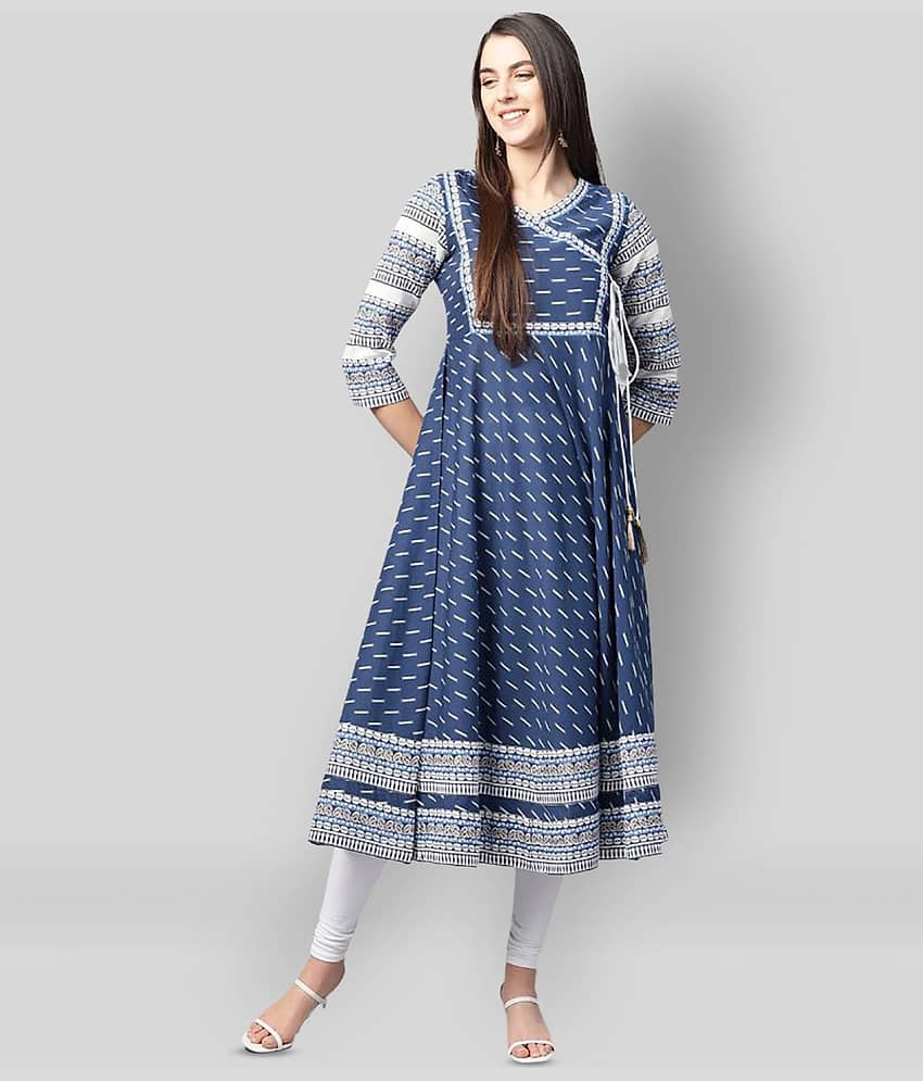 Yash Gallery Pack of 1 Cotton Printed Angrakha Women's Kurti - ( Blue )