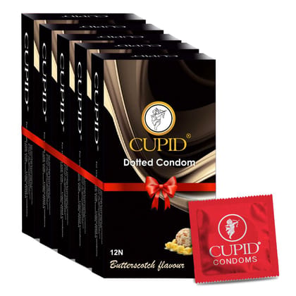 Cupid Dotted & Flavoured Condoms Butterscotch Flavour (Pack of 5) | Lubricated & Multitextured Condoms | For Her Enhanced Pleasure | Pack of 5, 12 Pcs Each
