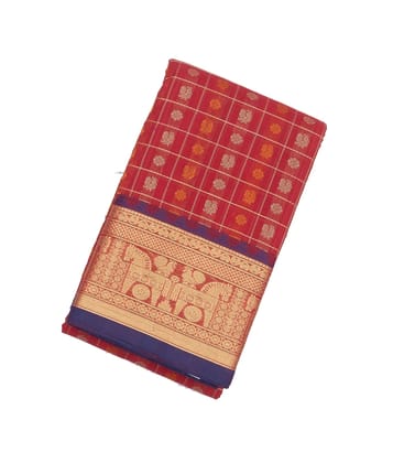 Red Handloom Kanchi Cotton Saree And Checks-Red