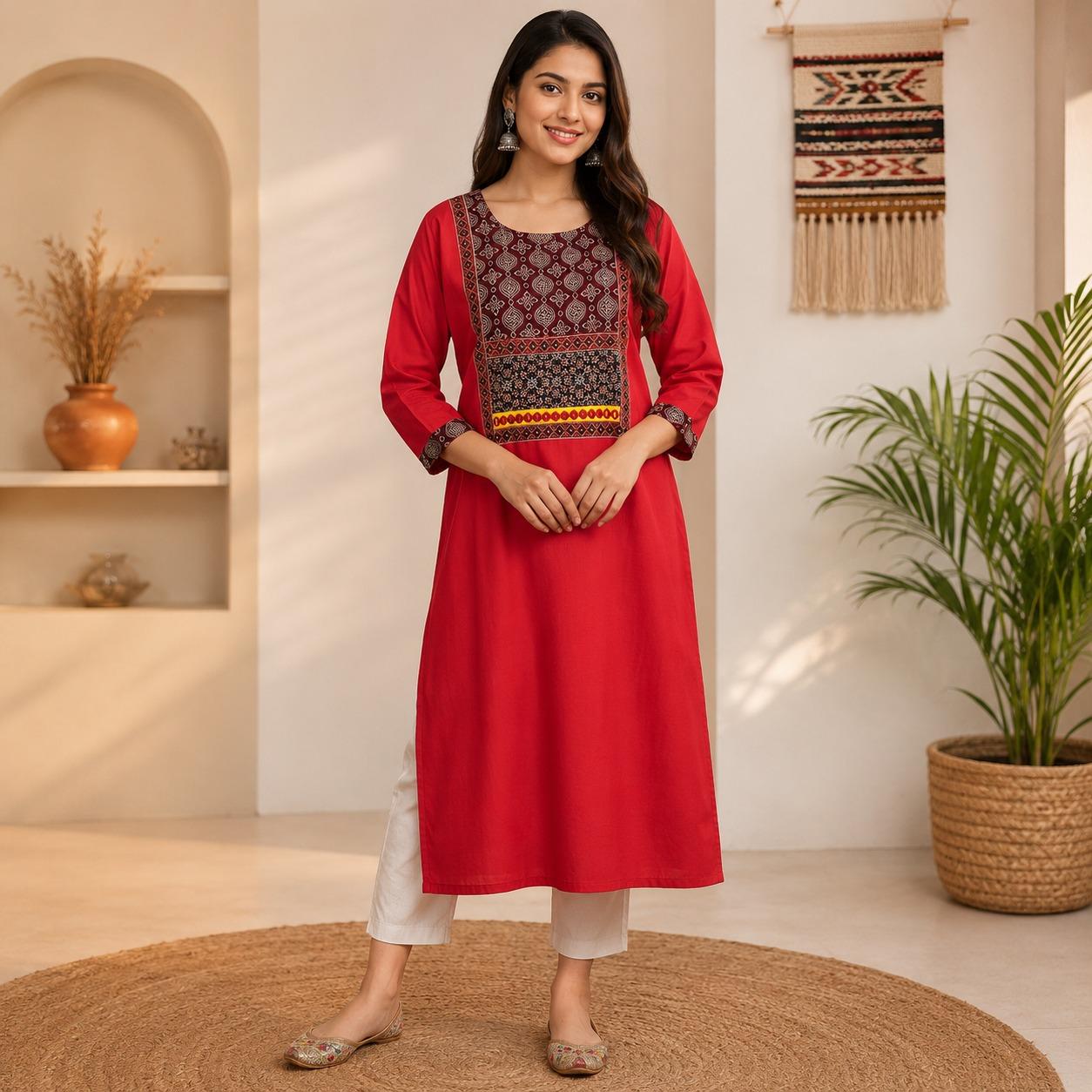 Cotton Kurti- Ajrak Patch Work-XXL