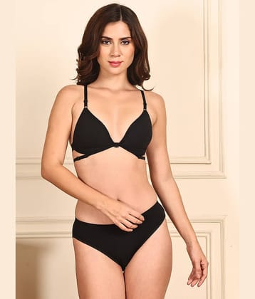PrettyCat Pack of 1 Cotton Bra & Panty Set For Women ( Black )