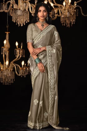 Grey Embroidered Organza Silk Saree
