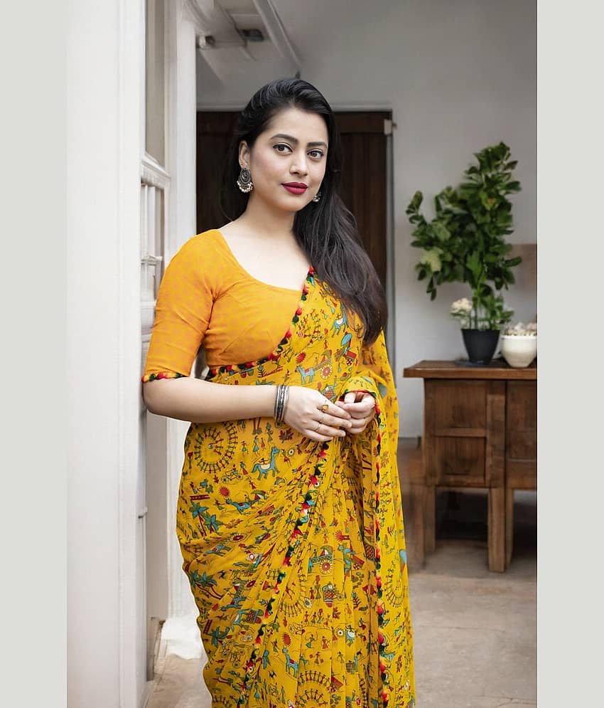 TTH Georgette Printed Saree With Unstitched Blouse Piece ( Yellow )