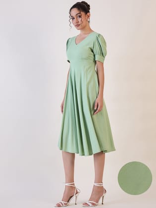 Olive Dotted Fit & Flare Dress-XS