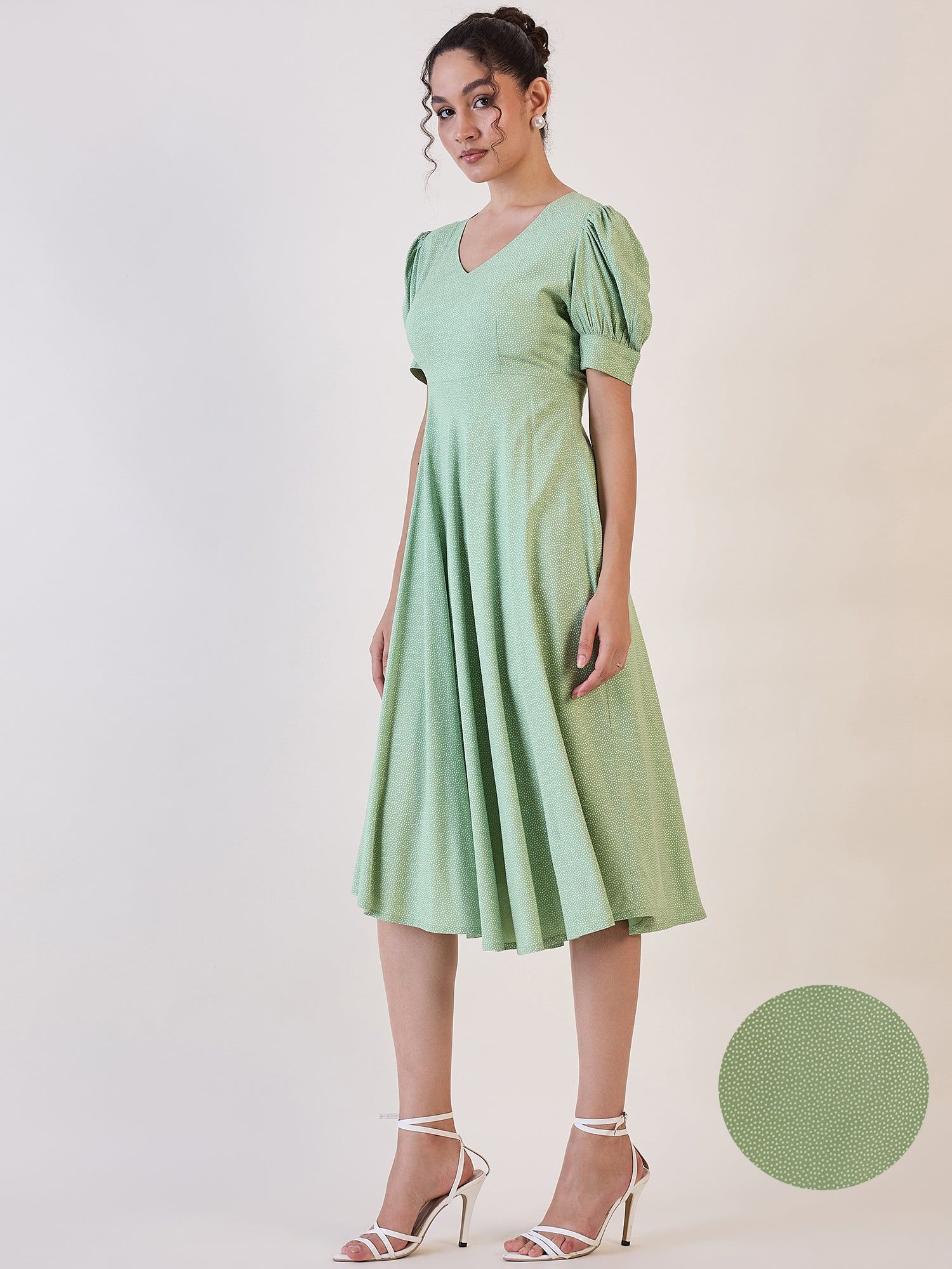 Olive Dotted Fit & Flare Dress-XS