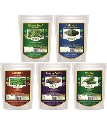 Biotic Neem, Kalmegh, Gudmar, Jamun Seed and Karela Powder 250 gm Pack of 5