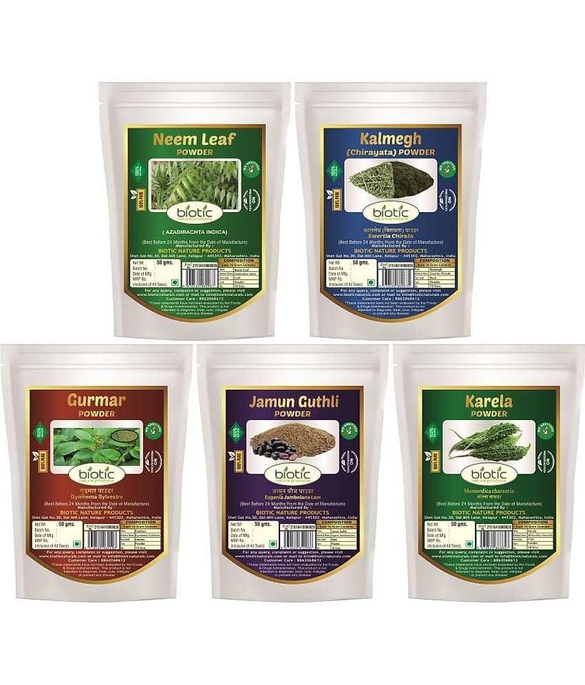 Biotic Neem, Kalmegh, Gudmar, Jamun Seed and Karela Powder 250 gm Pack of 5
