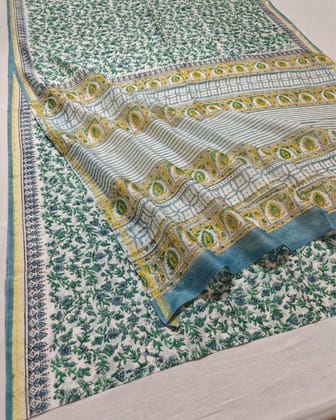 Whispering Petals Blockprint Chanderi Silk Saree Forest Green