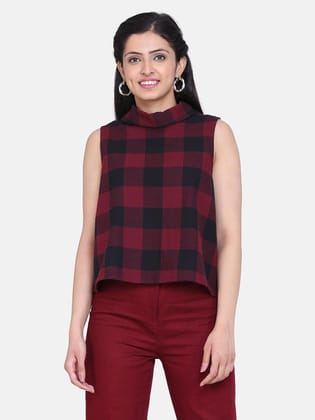 Check Cotton Trapeze Top - Wine Red-XS