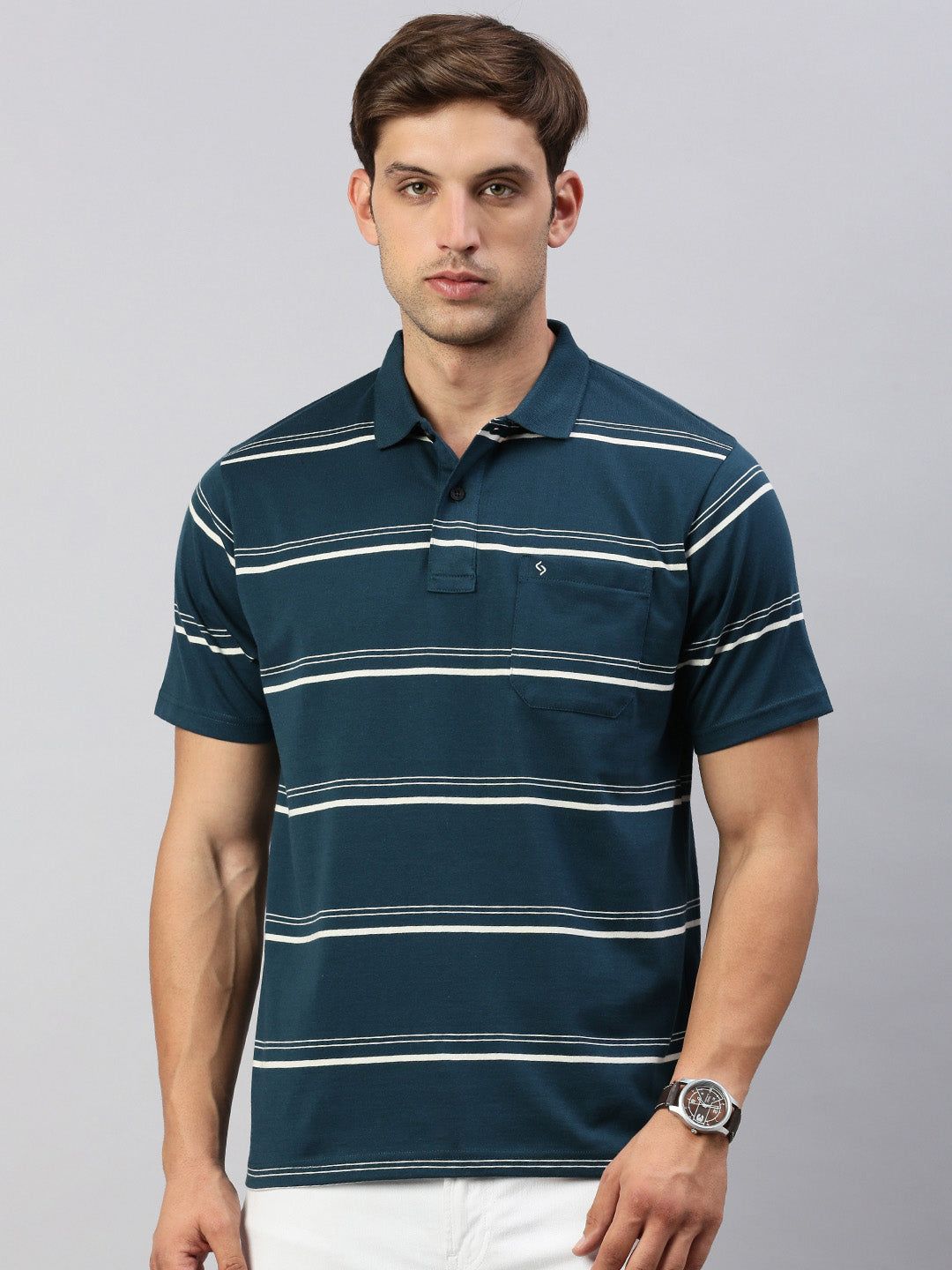 Classic Polo Men's Half Sleeve Teal/White Polo Neck Cotton Authentic Fit T Shirt | AVON - 579 B AF P