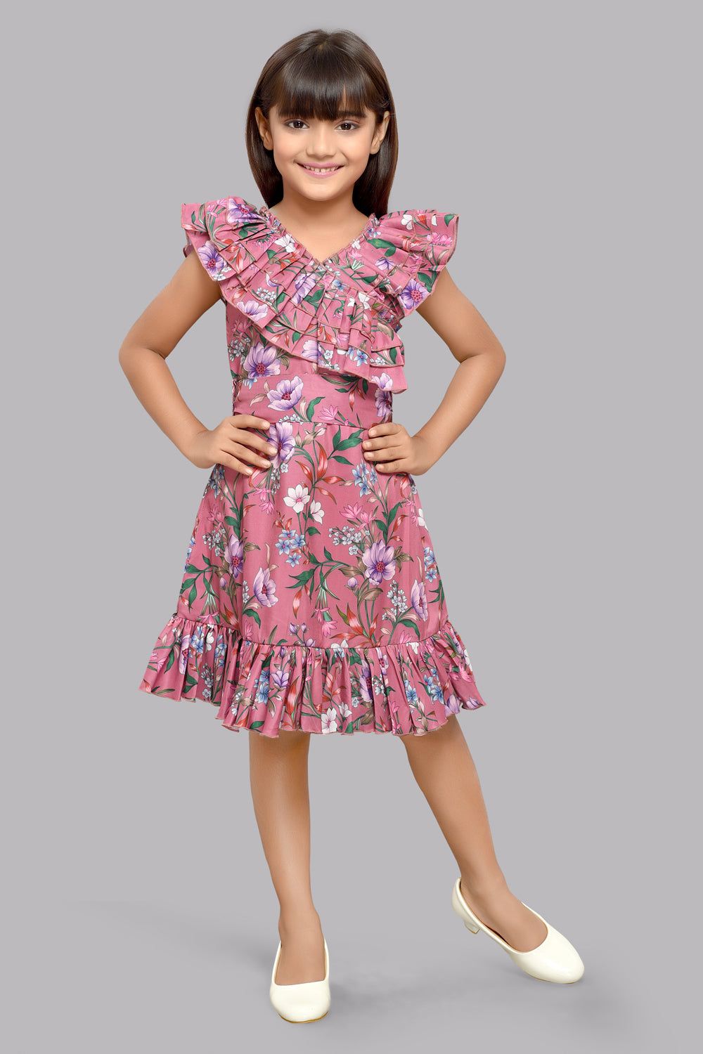 Pink Ruffle V Neck Floral Dress-2-3Y / Pink