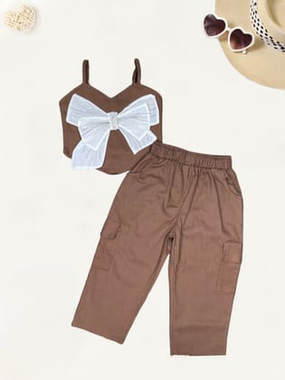 Girl's Brown Bow Co-Ord Set  [GCS-3997](1-6Years)-1-2Y (Size - 18) / Imported / Brown