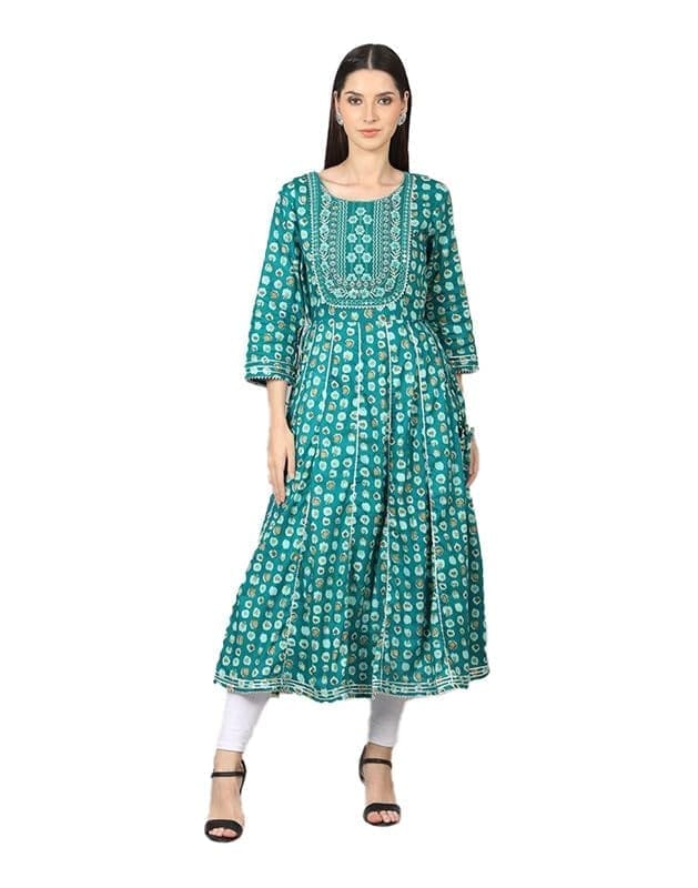 Women's Casual 3/4 Sleeve Cotton Blend Printed Kurti (Light Blue, 3XL)-PID46399