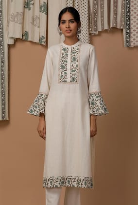 White and Green Bell Sleeves Cotton Flex  Kurta-M