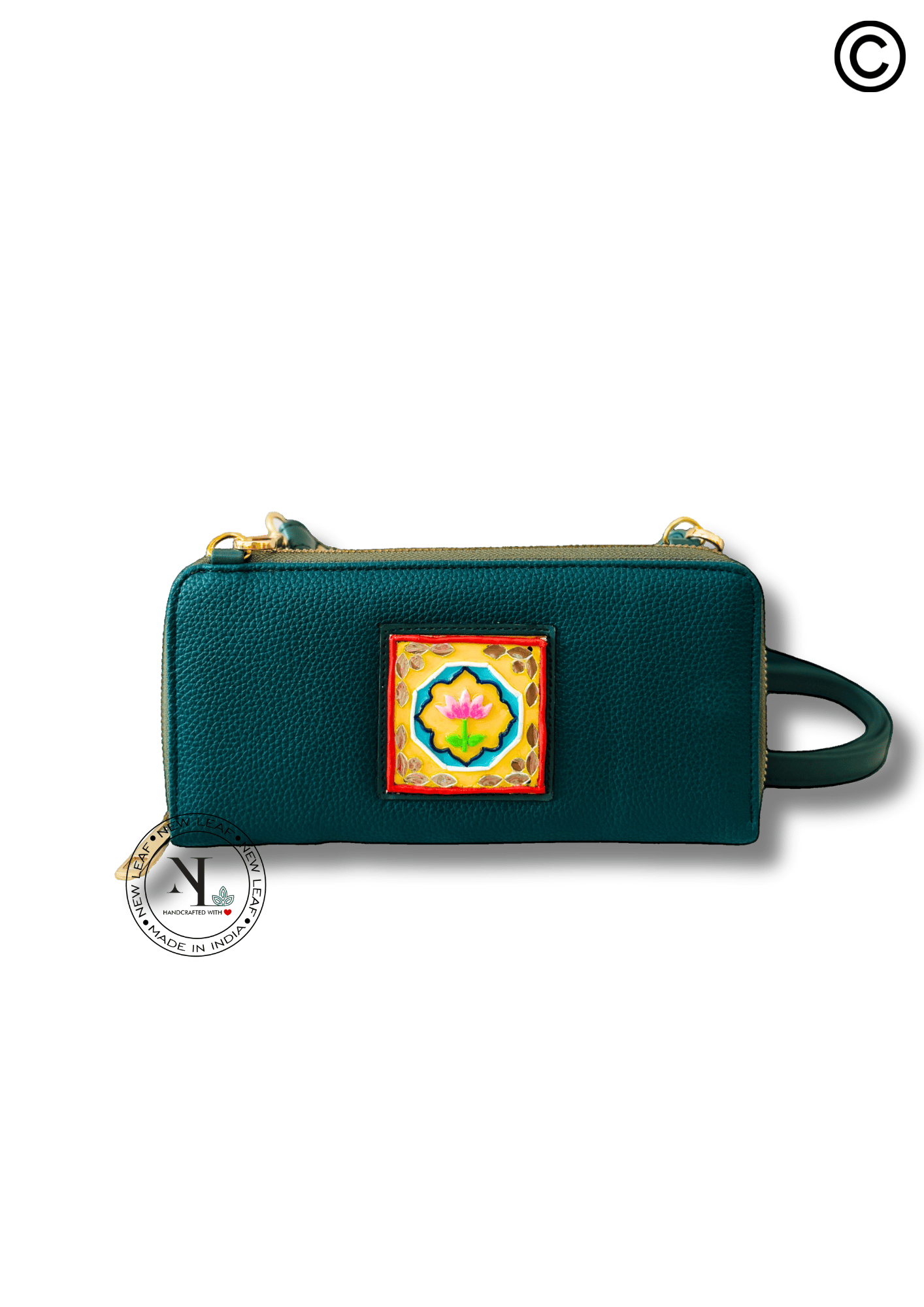 Lotus Green Handcrafted Lippan Art Wallet Sling