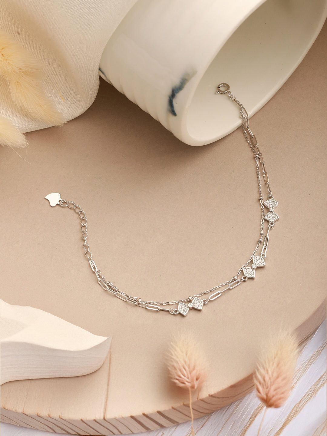 925 Sterling Silver Zircon Studded Bow Multilayered  Minimal Wraparound Adjustable Bracelet