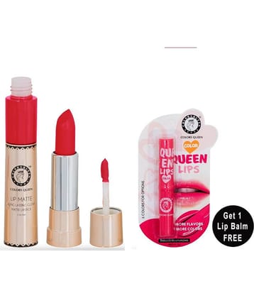 Colors Queen 2 in 1 Matte Finish Water Proof Lipstick Rich Red With Hydrating Lip Balm (Combo of 2)