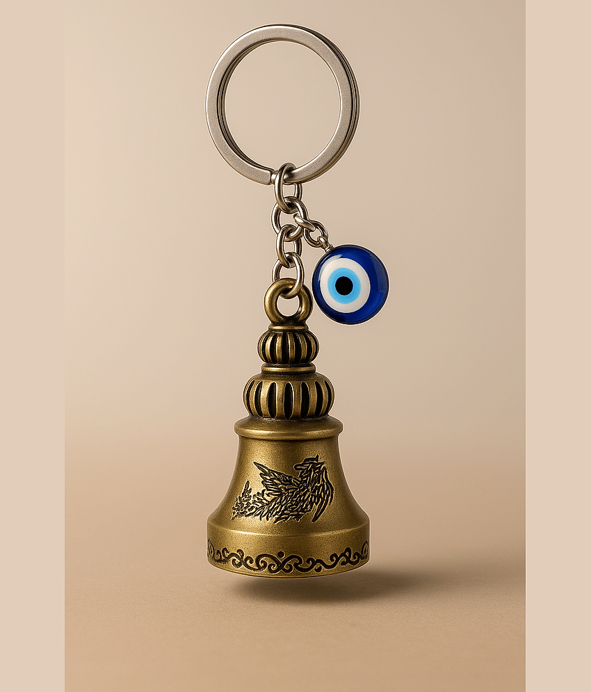 Guardian Bell Keychain with Evil Eye Yellow Finish Protection Bell, Lucky Spiritual Ghanti Keyring for Riders, Bike Keychain for Men & Women, Car Keys, Home Keys & Gifting Accessory