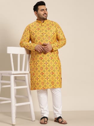 Men's Cotton Linen Yellow and Multi Printed Kurta and White Pyjama-44