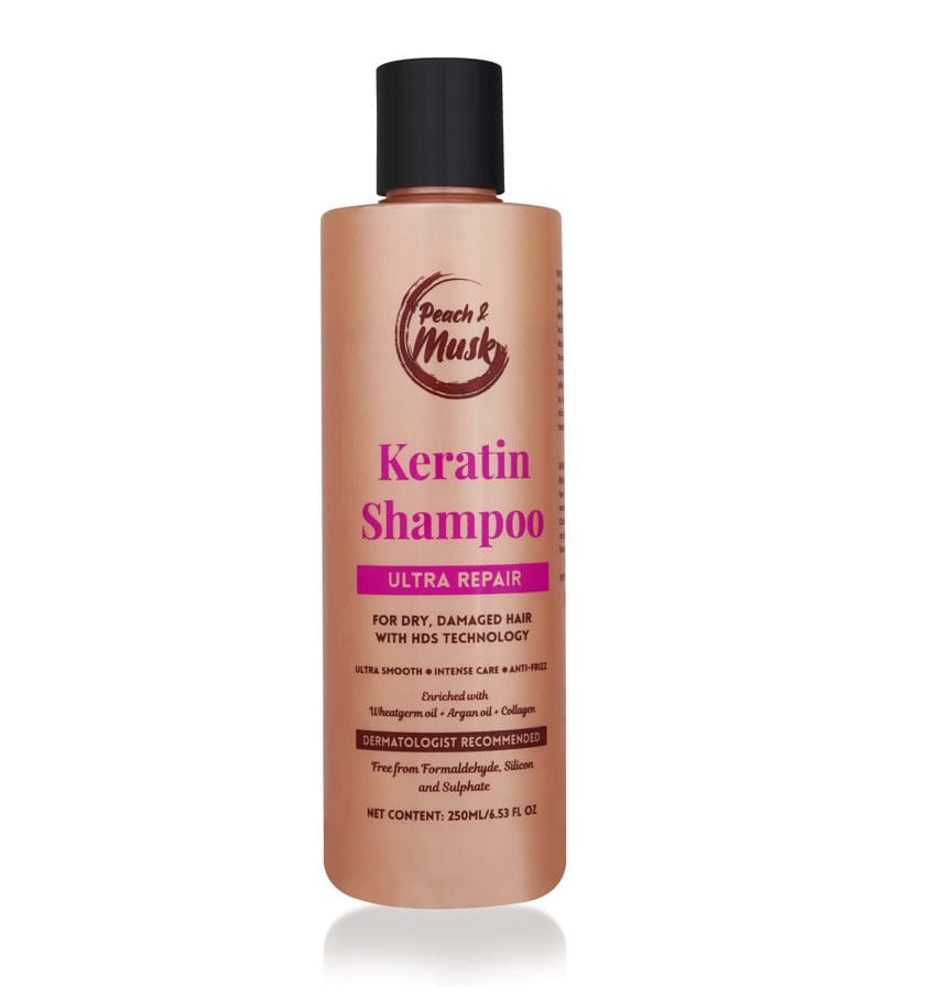 Peach and Musk Keratin Shampoo with the Goodness of Wheatgerm oil, Argan Oil, Collagen | Free from Formaldehyde & Silicon | 250 ML