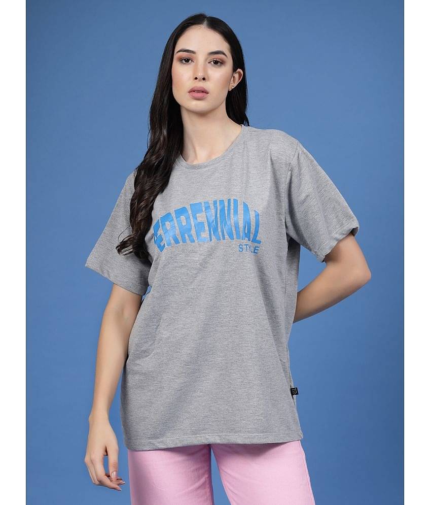 Rigo Women Cotton Printed Oversized Fit Round Neck T-Shirt ( Grey )