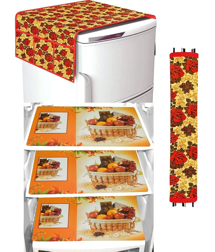 Crosmo Polyester Floral Printed Fridge Mat & Cover ( 64 18 ) Pack of 5 - Yellow