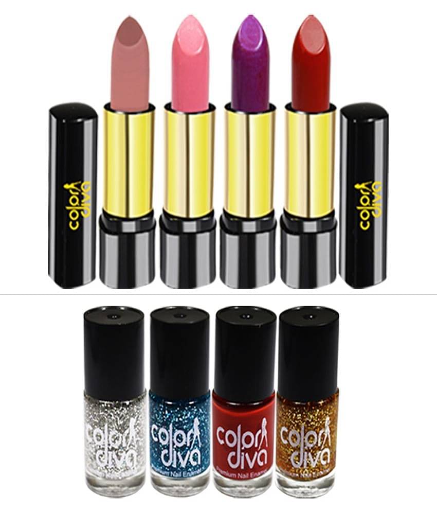 Color Diva Triple Action 4 Lipstick & 4 Nail Paint Makeup Kit Pack of 8