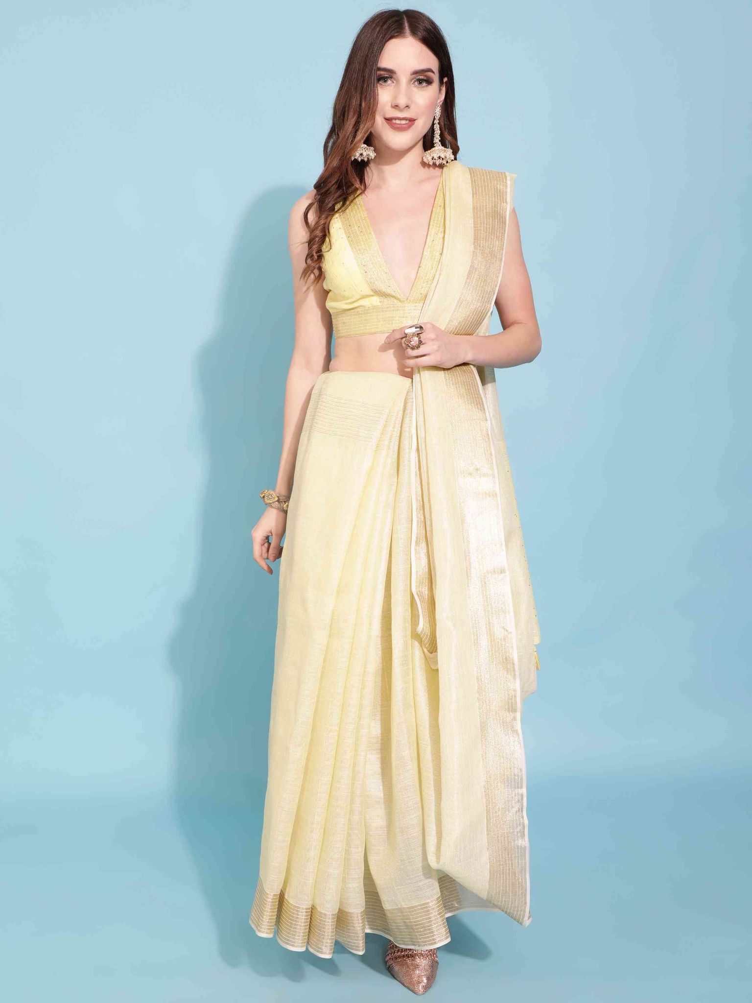 Light Yellow Cotton Tissue with Solid Sequence Stipes Bollywood Designer Saree