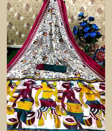 Kanooda Prints Art Silk Printed Saree With Unstitched Blouse Piece ( Teal )