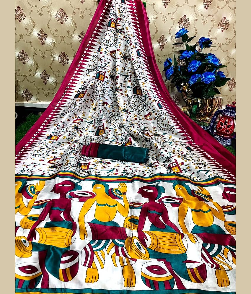 Kanooda Prints Art Silk Printed Saree With Unstitched Blouse Piece ( Teal )