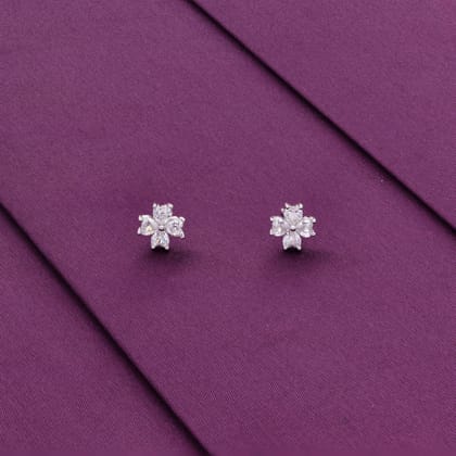 Simple Crystal Floral Earrings-White Stone / Silver