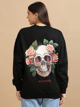 Women Printed Oversized Sweatshirt Pure Cotton Full Sleeve Black-XS