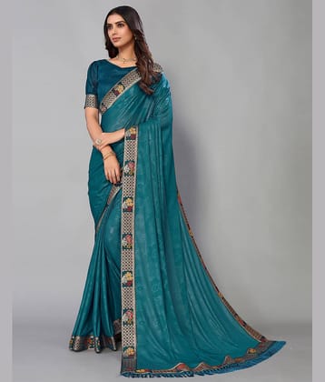 Samah Lycra Self Design Saree With Unstitched Blouse Piece ( Teal )