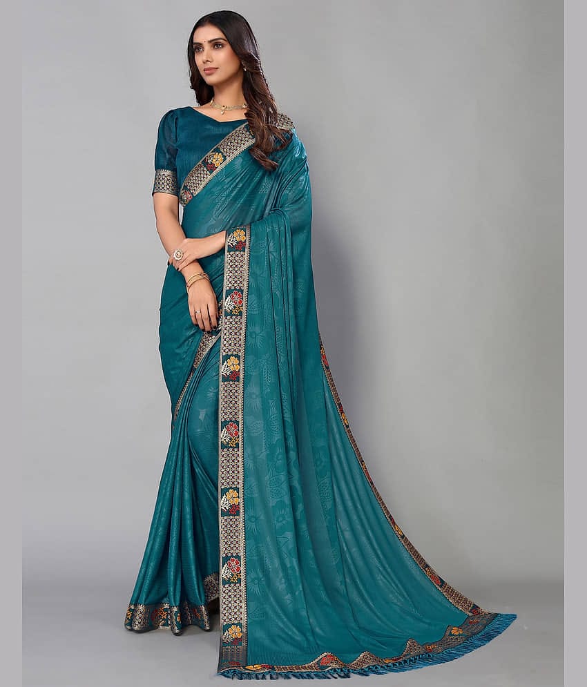 Samah Lycra Self Design Saree With Unstitched Blouse Piece ( Teal )