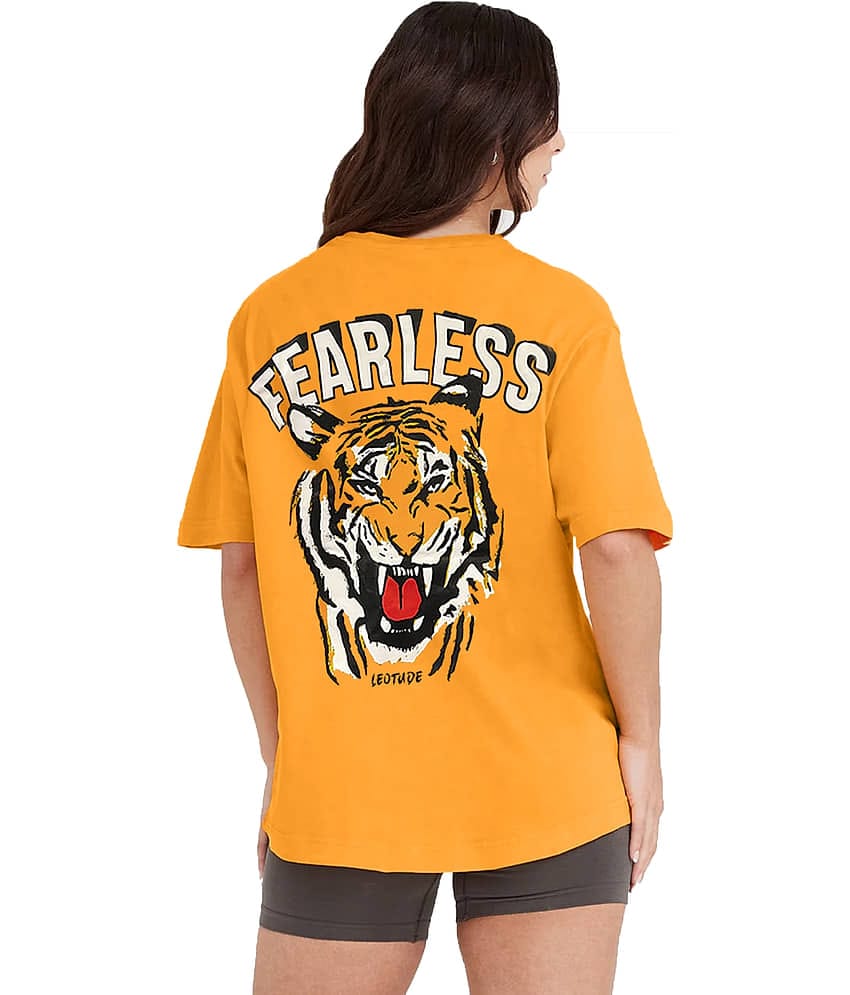 Leotude Women Cotton Blend Printed Oversized Fit Round Neck T-Shirt ( Mustard )