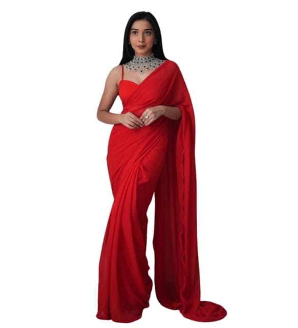 Generic Women's Georgette Solid Plain Saree with Unstitched Blouse Piece, Soft Lightweight 5.5 m Sari for Party, Office and Everyday Wear (Red, Design 67577)