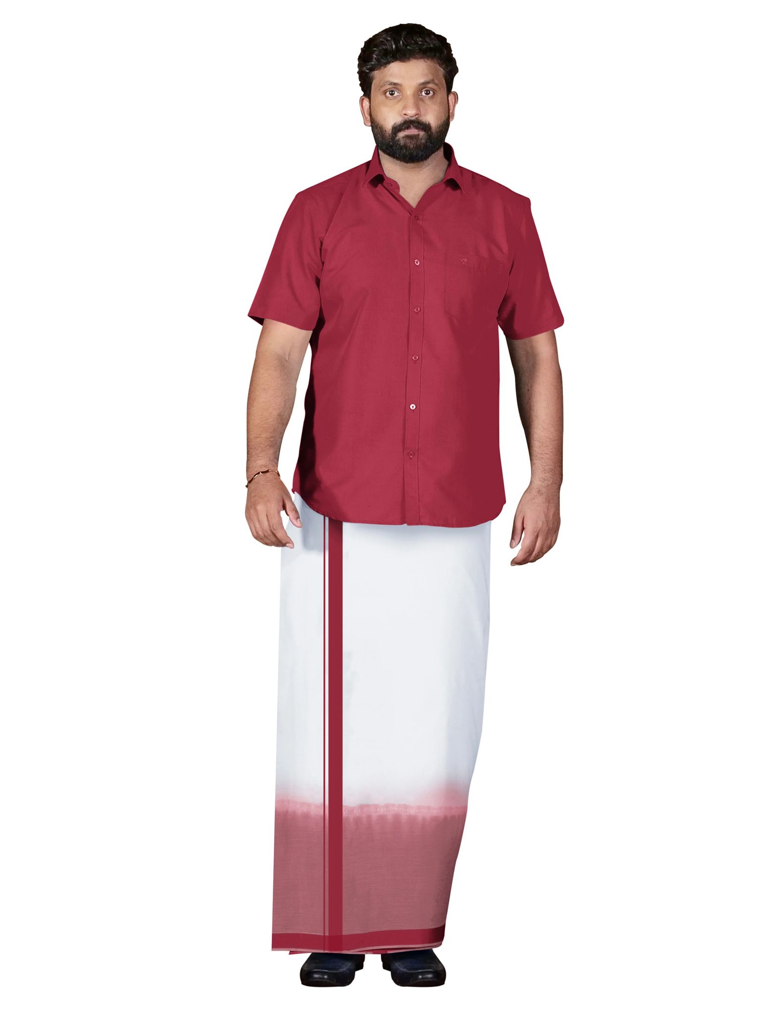 Red Two Tone Double Dhothie + Shirt Set Half Sleeve-38