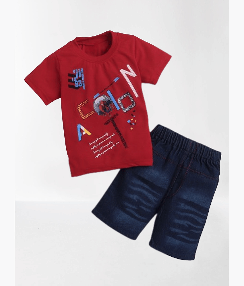 DKGF Fashion Pack of 1 Boys Cotton T-Shirt & Shorts Set ( Red )
