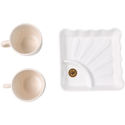 Cerntric Ceramic Tea Cup with Plastic Square Shape Serving Platter Milk Cup 3 Pcs (White)