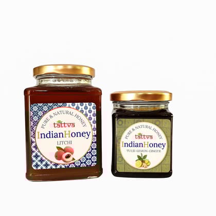 IndianHoney Buttery & Cognitive-Boosting Litchi Honey & Warming & Anti-Inflammatory Ginger Infused Honey Combo Pack (500gm & 230gm) Litchi & Tulsi Lemon Ginger
