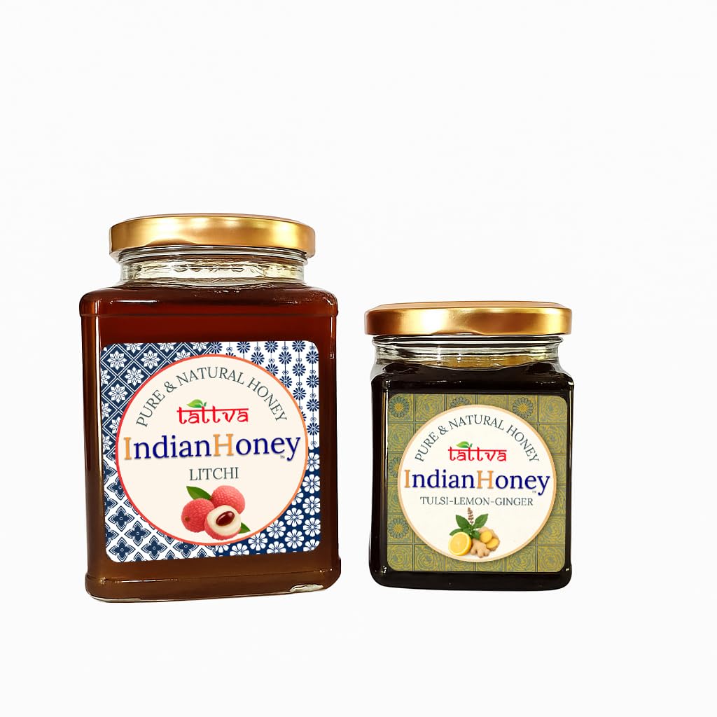IndianHoney Buttery & Cognitive-Boosting Litchi Honey & Warming & Anti-Inflammatory Ginger Infused Honey Combo Pack (500gm & 230gm) Litchi & Tulsi Lemon Ginger