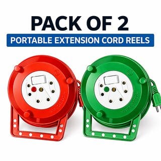 Pack of 2 Portable Extension Cord Reels 10 Meter (32ft) Retractable Cable with Multi-Purpose Sockets, Resettable Fuse Switch, and Built-In Carry Handle (Red Green) Pack of 2 Portable Extension Cord Reels 10 Meter (32ft) Retractable Cable with Multi-Purpose Sockets, Resettable Fuse Switch, and Built-In Carry Handle (Red Green)