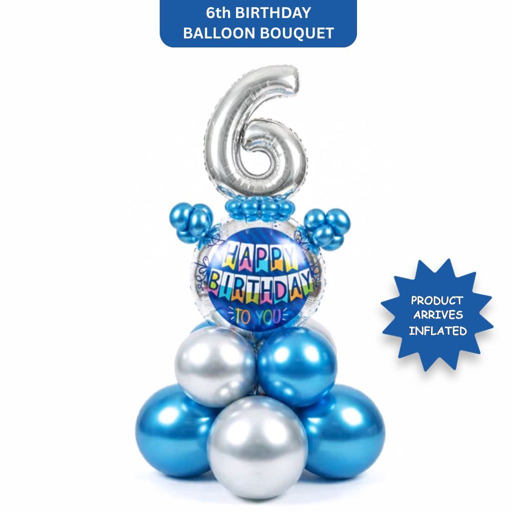 Designer Blue & Silver Balloon Bouquet Arrangement for 6th Birthday - Party and Festive Needs | Buy online on ZillyBuy