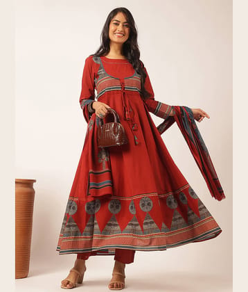 Vbuyz Women Cotton Solid Anarkali Kurti With Pants ( Maroon )
