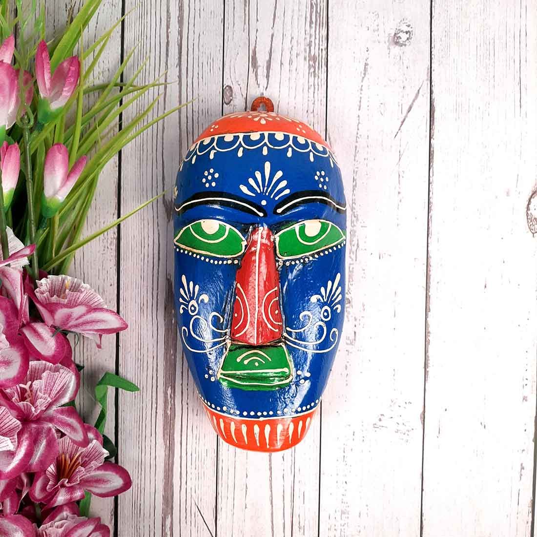 African Egyptian Face Wall Mask Hanging | Nazar Battu | Decorative Tribal Masks for Home Entrance & Living Room | Wooden Mask hangings for House, Door, Hall-Way, Balcony Decoration - 9 inch-Blue