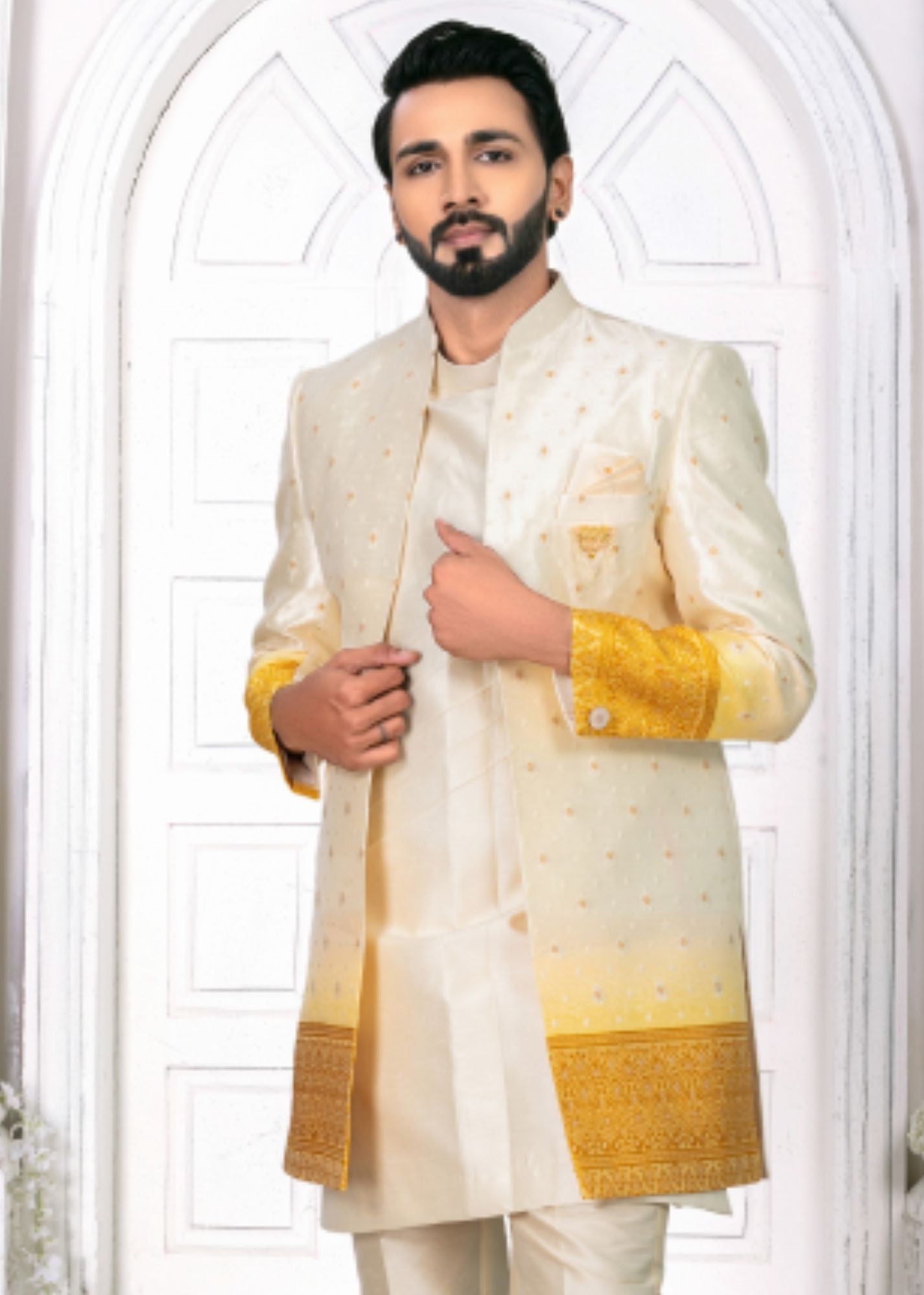 Cream Designer Open Indo Western Set-S