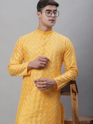 Men's Silk Blend Mustard Kurta with Multi Color embroidery-36