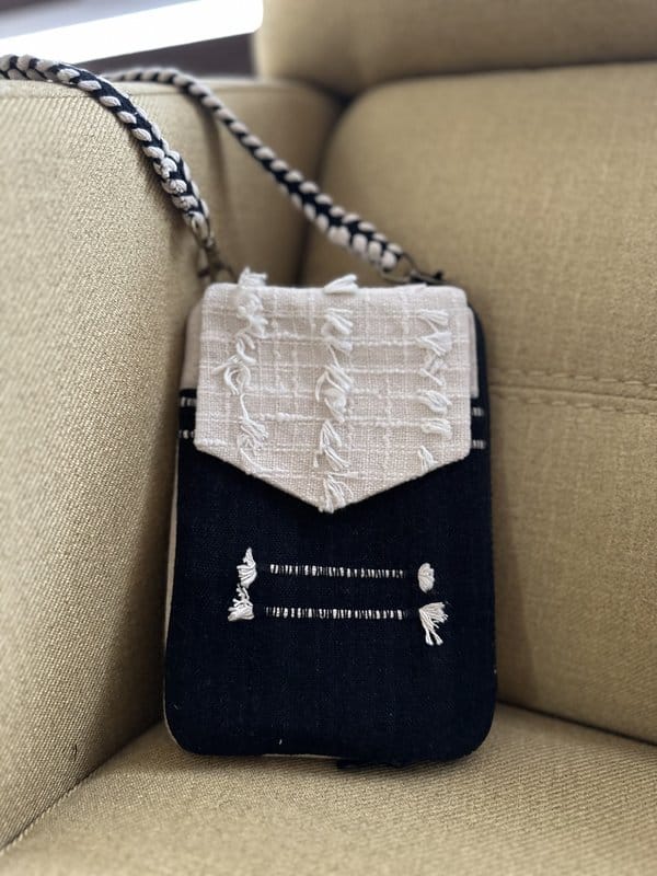 KRI India Distressed Fringed Canvas Wallet Sling | Black & Off-White  | 7.5x5.5 inches  | Wash & Care | 100% Cotton | Handcrafted in India. 100% organic & natural.