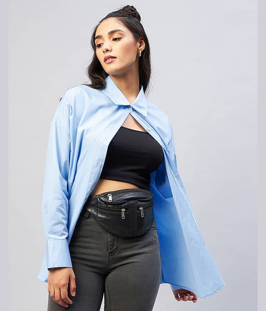 Chimpaaanzee Women Solid Cotton Shirt ( Blue )