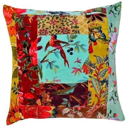 Floral Patchwork Velvet Cushion Cover-12 x 12 inches